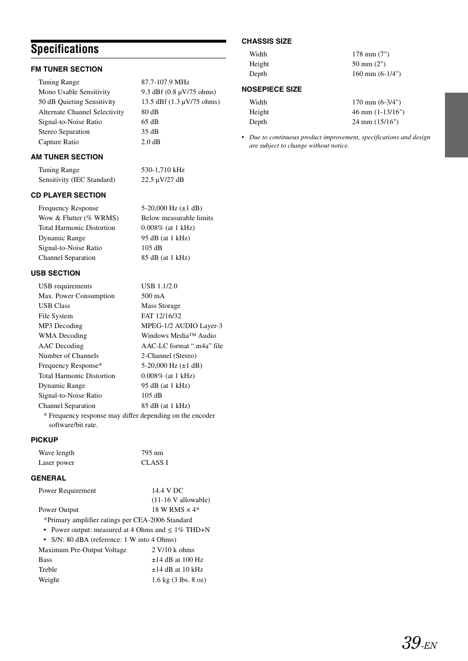 Specifications | Alpine CDA-105 User Manual | Page 41 / 47