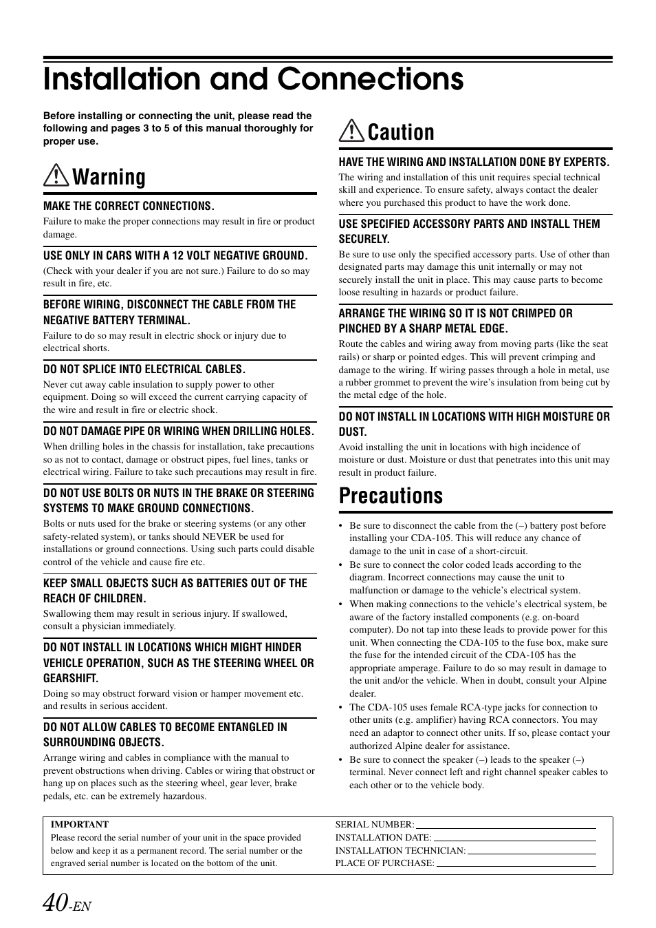 Installation and connections, Warning, Caution | Precautions | Alpine CDA-105 User Manual | Page 42 / 47