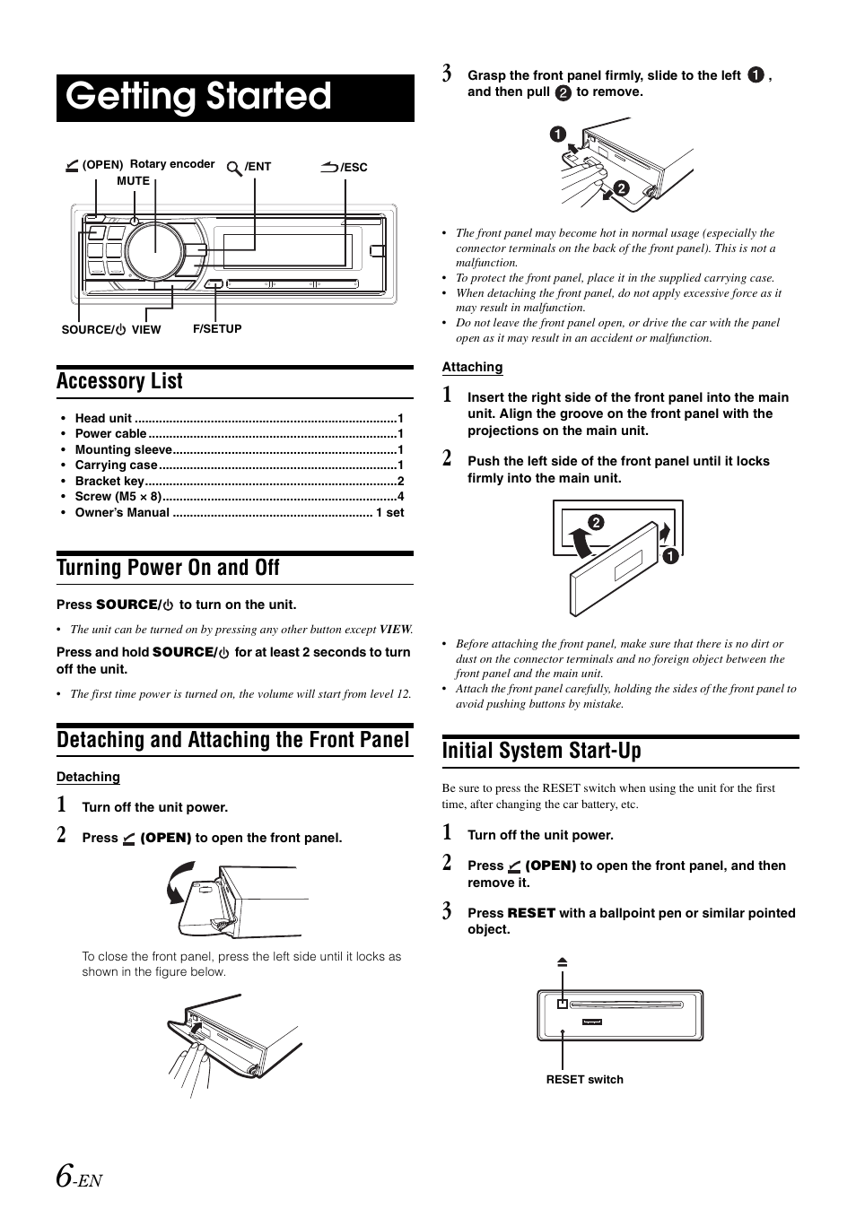 Getting started, Accessory list, Turning power on and off | Detaching and attaching the front panel, Initial system start-up | Alpine CDA-105 User Manual | Page 8 / 47