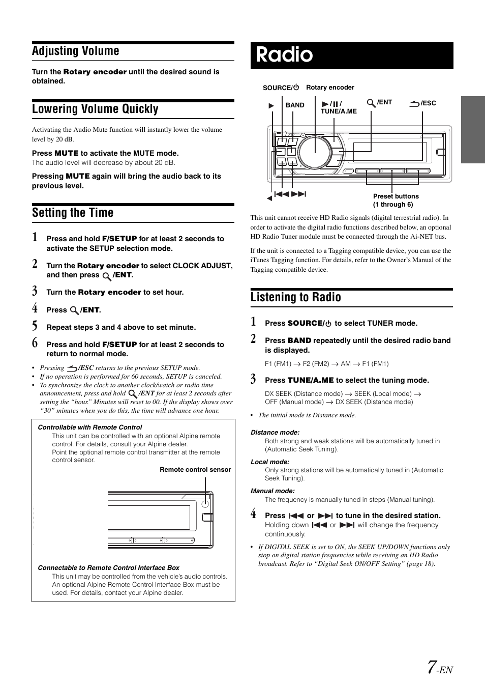 Adjusting volume, Lowering volume quickly, Setting the time | Radio, Listening to radio | Alpine CDA-105 User Manual | Page 9 / 47