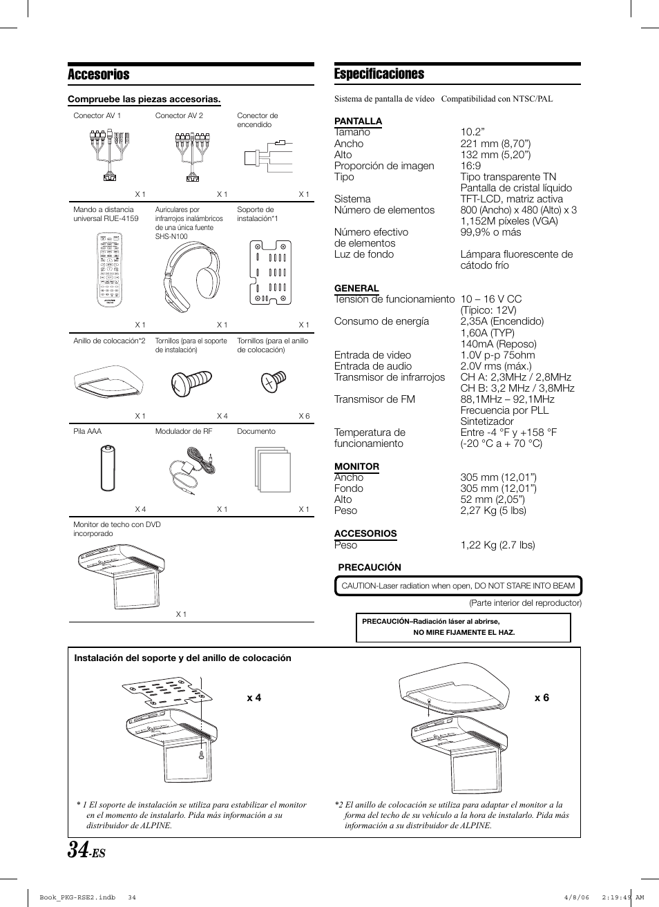 Accesorios, Especifi caciones | Alpine PKG-RSE2 User Manual | Page 104 / 108