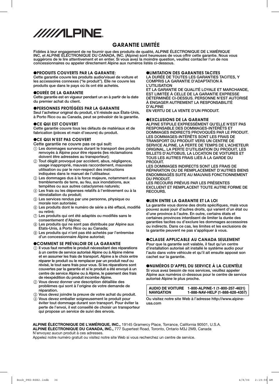 Garantie limitée | Alpine PKG-RSE2 User Manual | Page 106 / 108