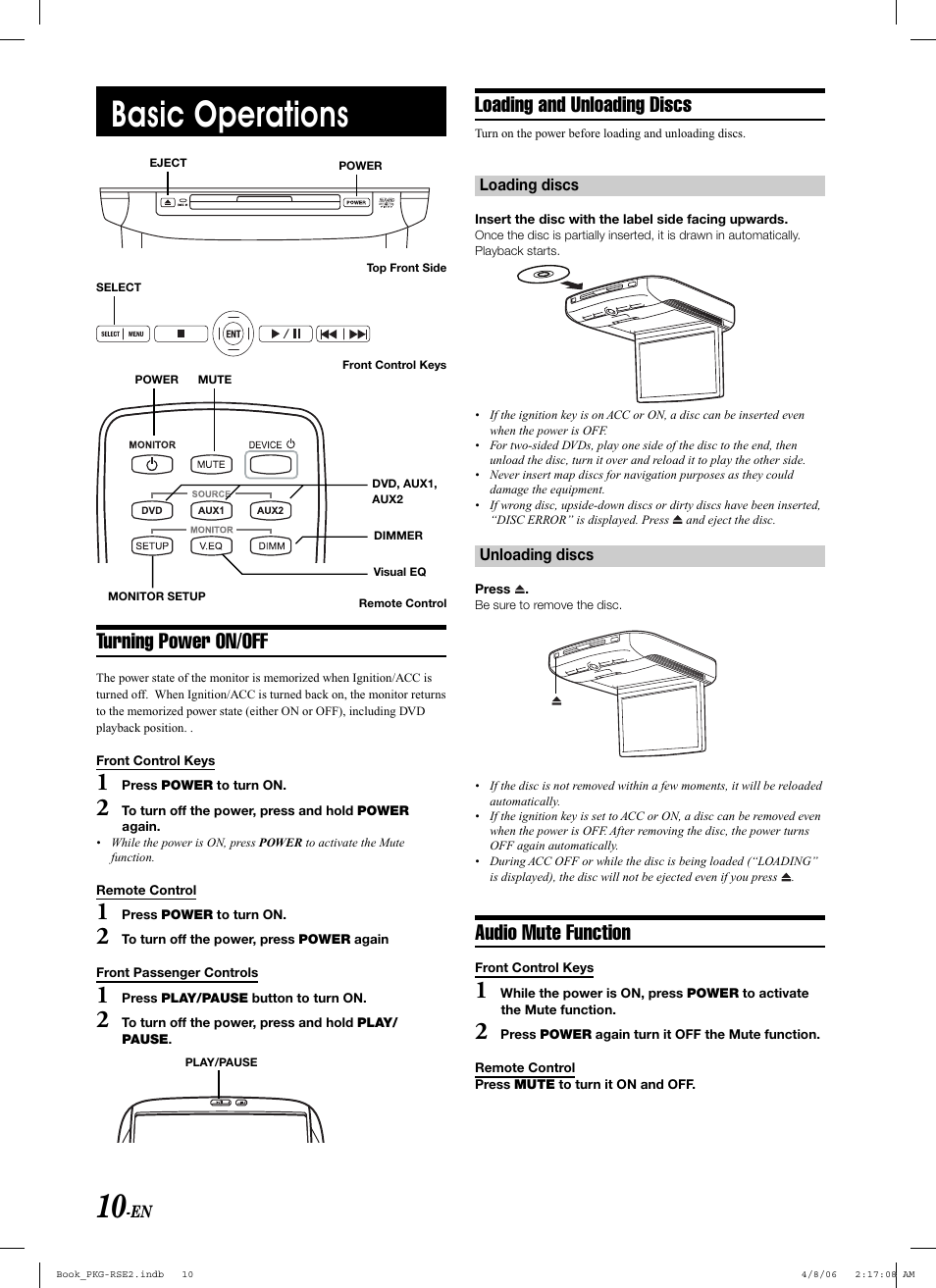 Basic operations, Turning power on/off, Loading and unloading discs | Audio mute function | Alpine PKG-RSE2 User Manual | Page 12 / 108