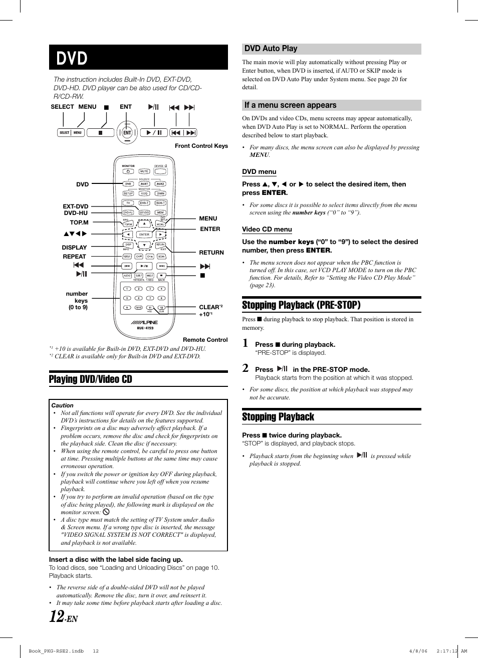 Playing dvd/video cd, Stopping playback (pre-stop), Stopping playback | Alpine PKG-RSE2 User Manual | Page 14 / 108