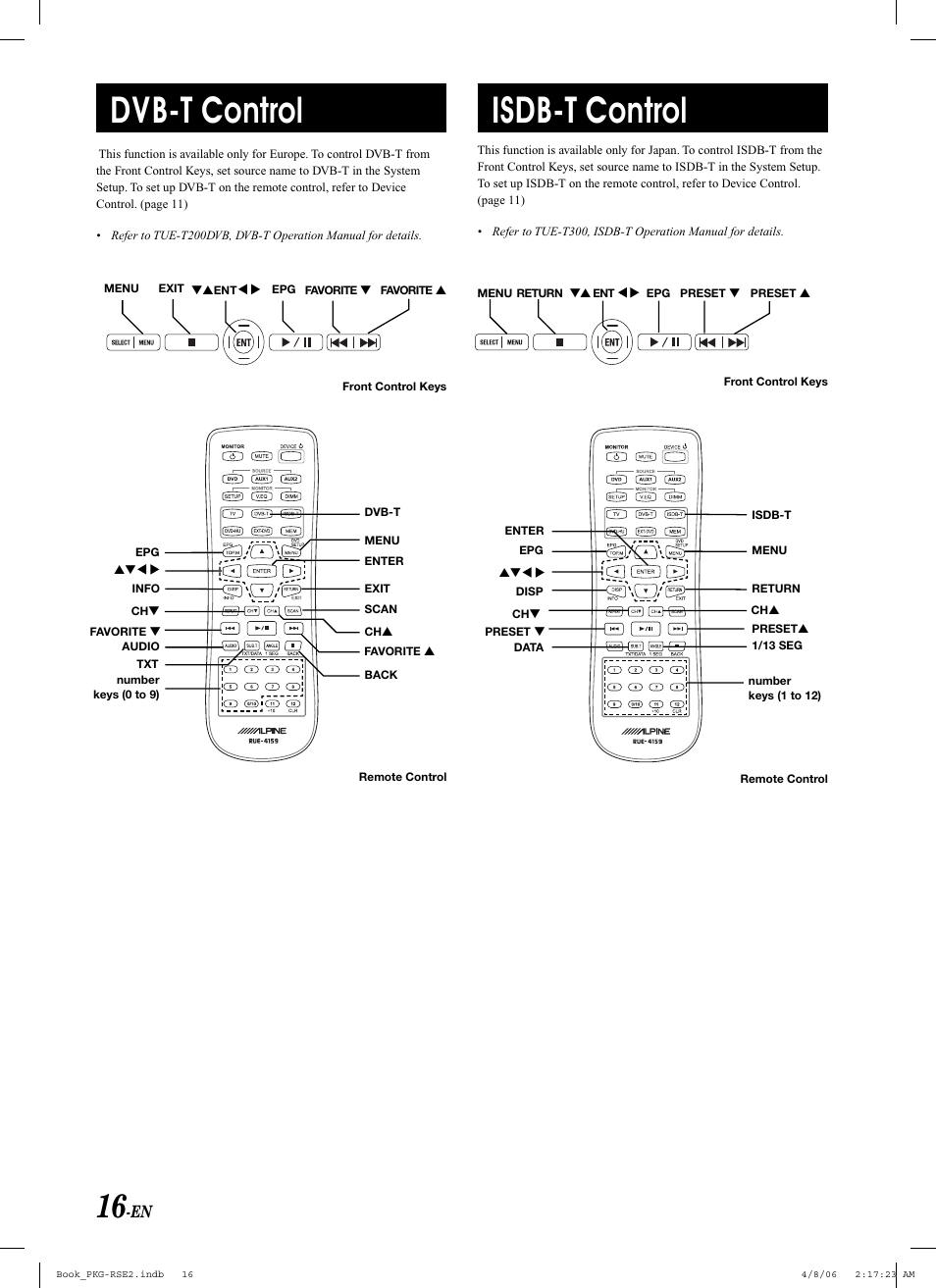 Dvb-t control, Isdb-t control | Alpine PKG-RSE2 User Manual | Page 18 / 108