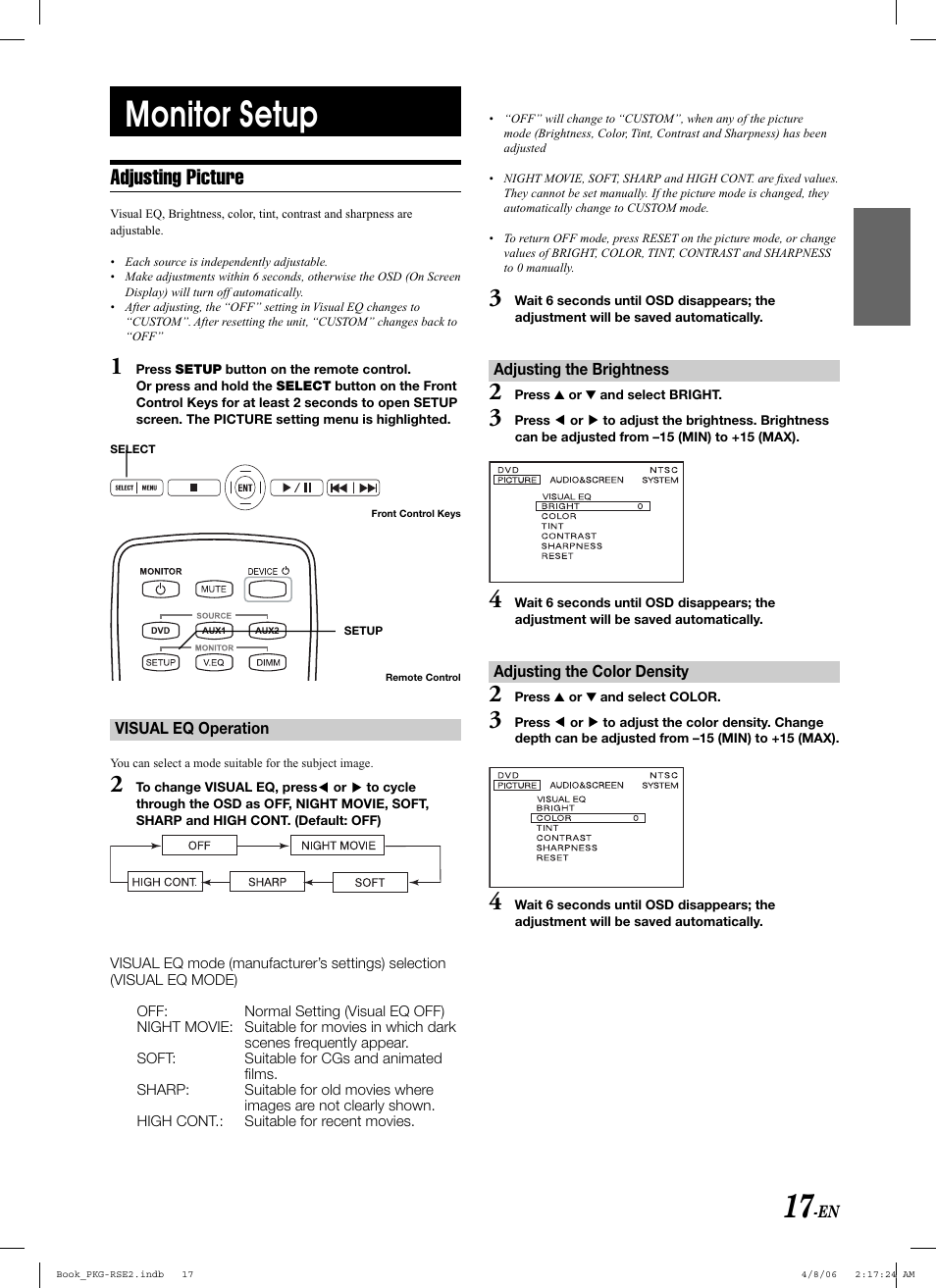 Monitor setup, Adjusting picture | Alpine PKG-RSE2 User Manual | Page 19 / 108