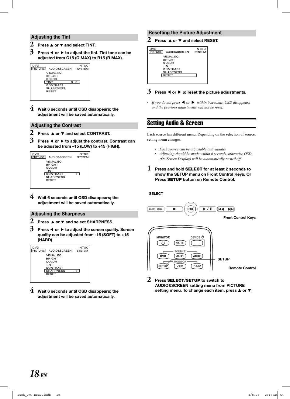 Setting audio & screen | Alpine PKG-RSE2 User Manual | Page 20 / 108