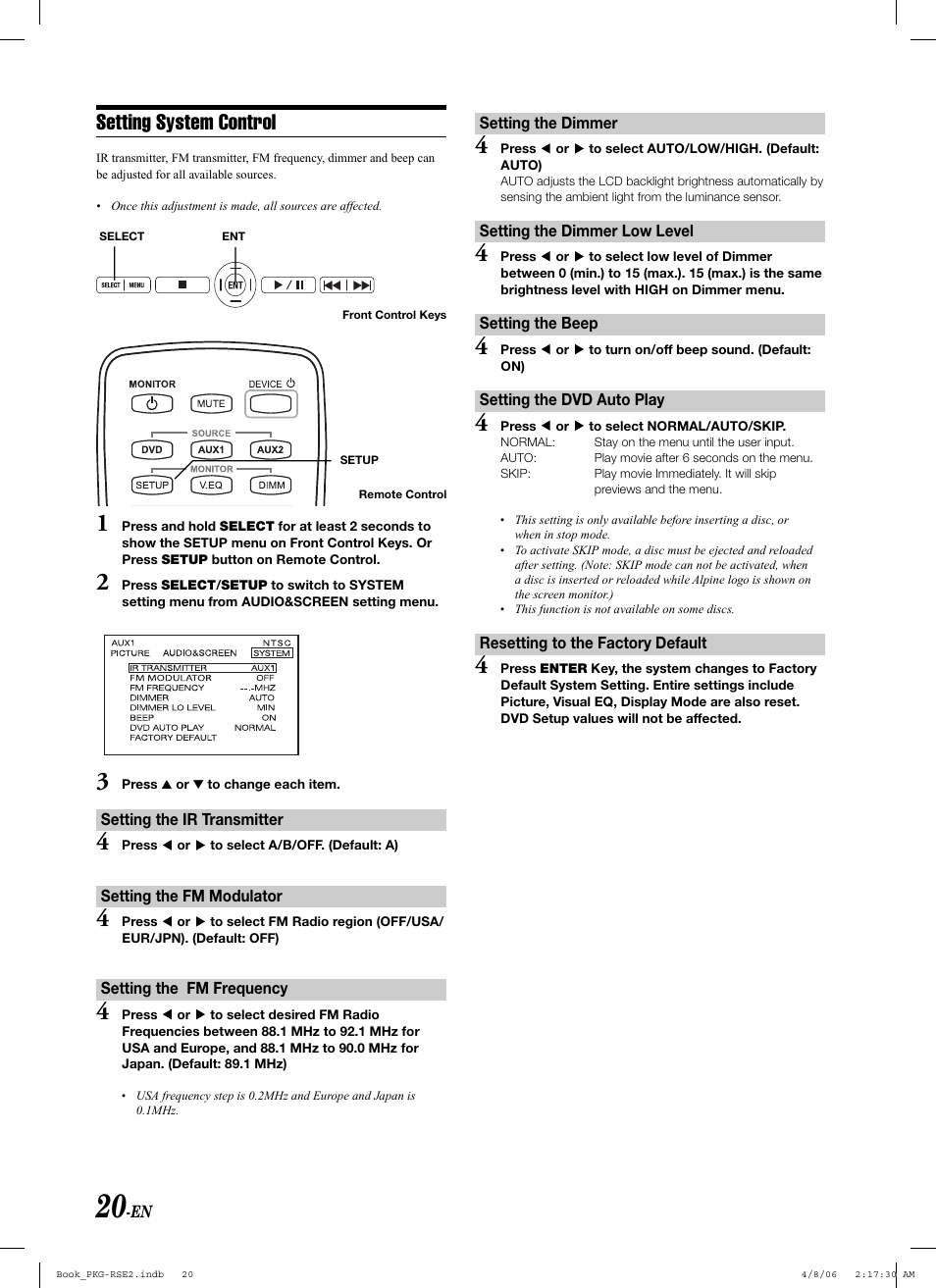 Setting system control | Alpine PKG-RSE2 User Manual | Page 22 / 108