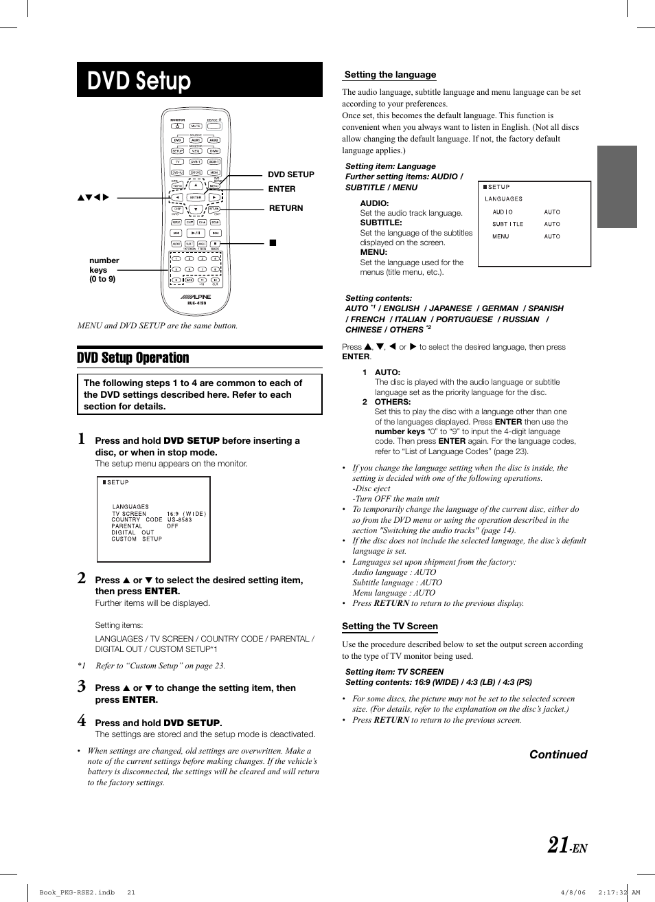 Dvd setup, Dvd setup operation | Alpine PKG-RSE2 User Manual | Page 23 / 108