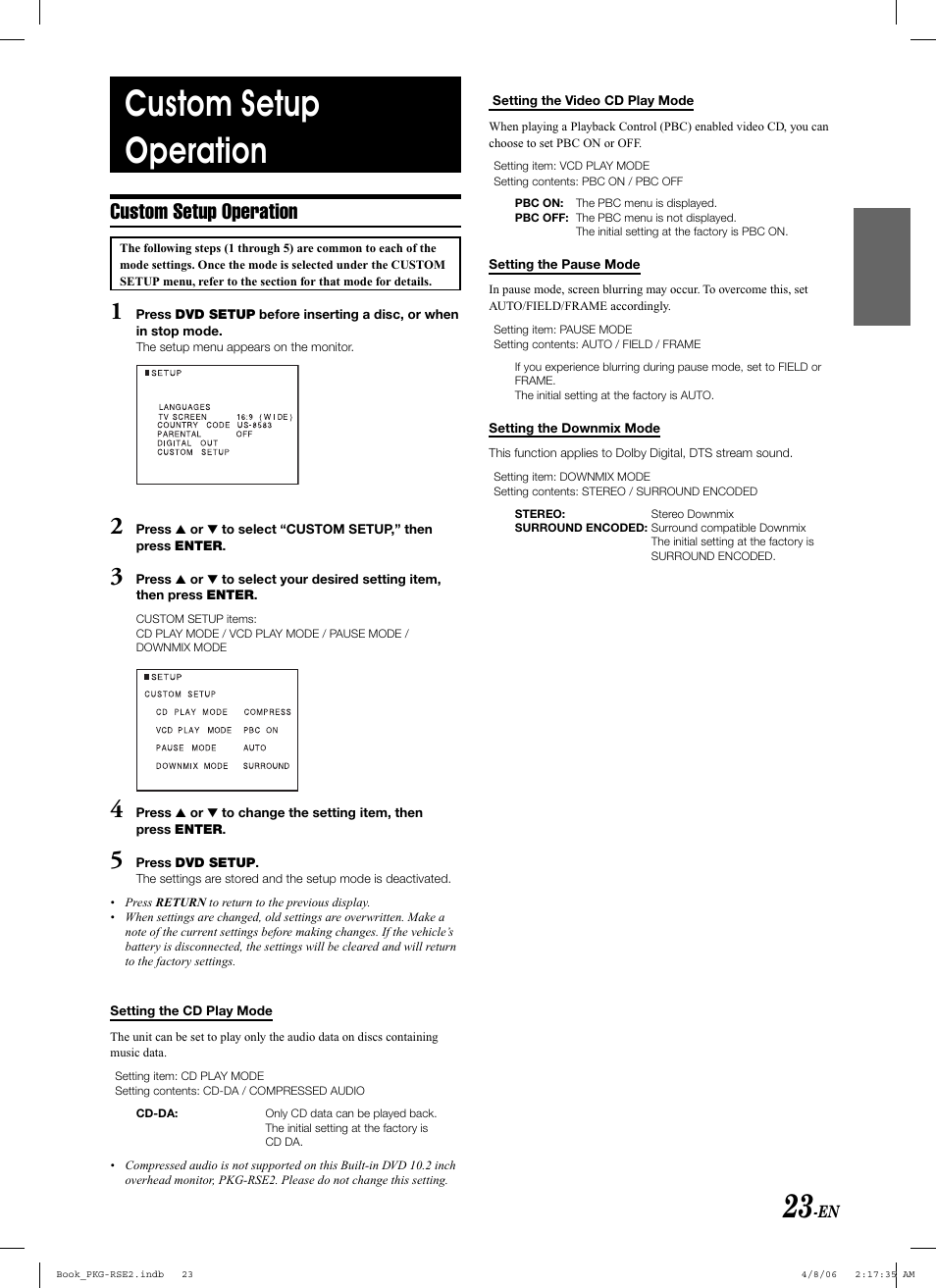 Custom setup operation | Alpine PKG-RSE2 User Manual | Page 25 / 108