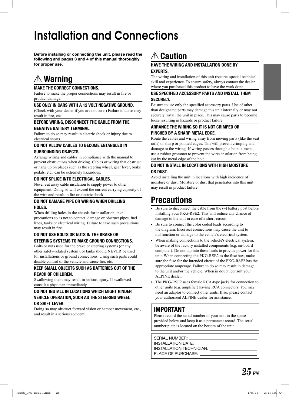 Installation and connections, Warning, Caution | Precautions, Important | Alpine PKG-RSE2 User Manual | Page 27 / 108