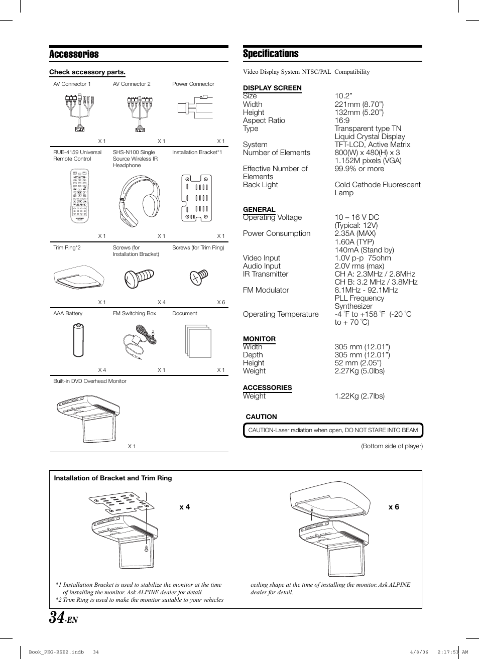 Accessories, Specifi cations | Alpine PKG-RSE2 User Manual | Page 36 / 108