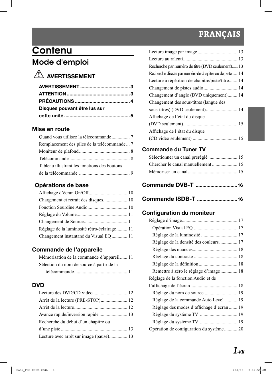 Contenu, Français, Mode d'emploi | Alpine PKG-RSE2 User Manual | Page 37 / 108