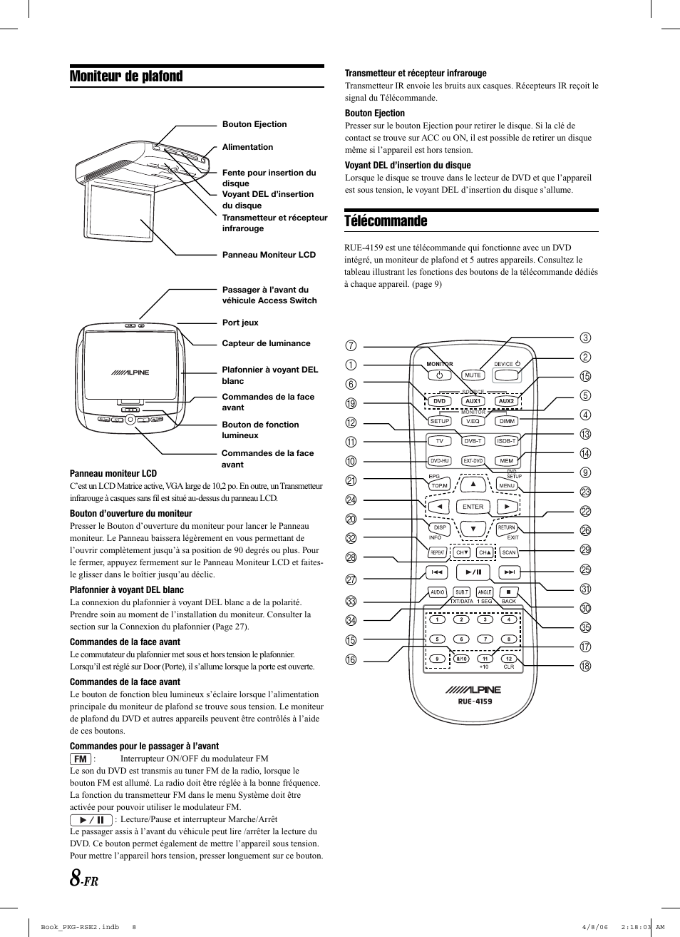 Moniteur de plafond, Télécommande | Alpine PKG-RSE2 User Manual | Page 44 / 108