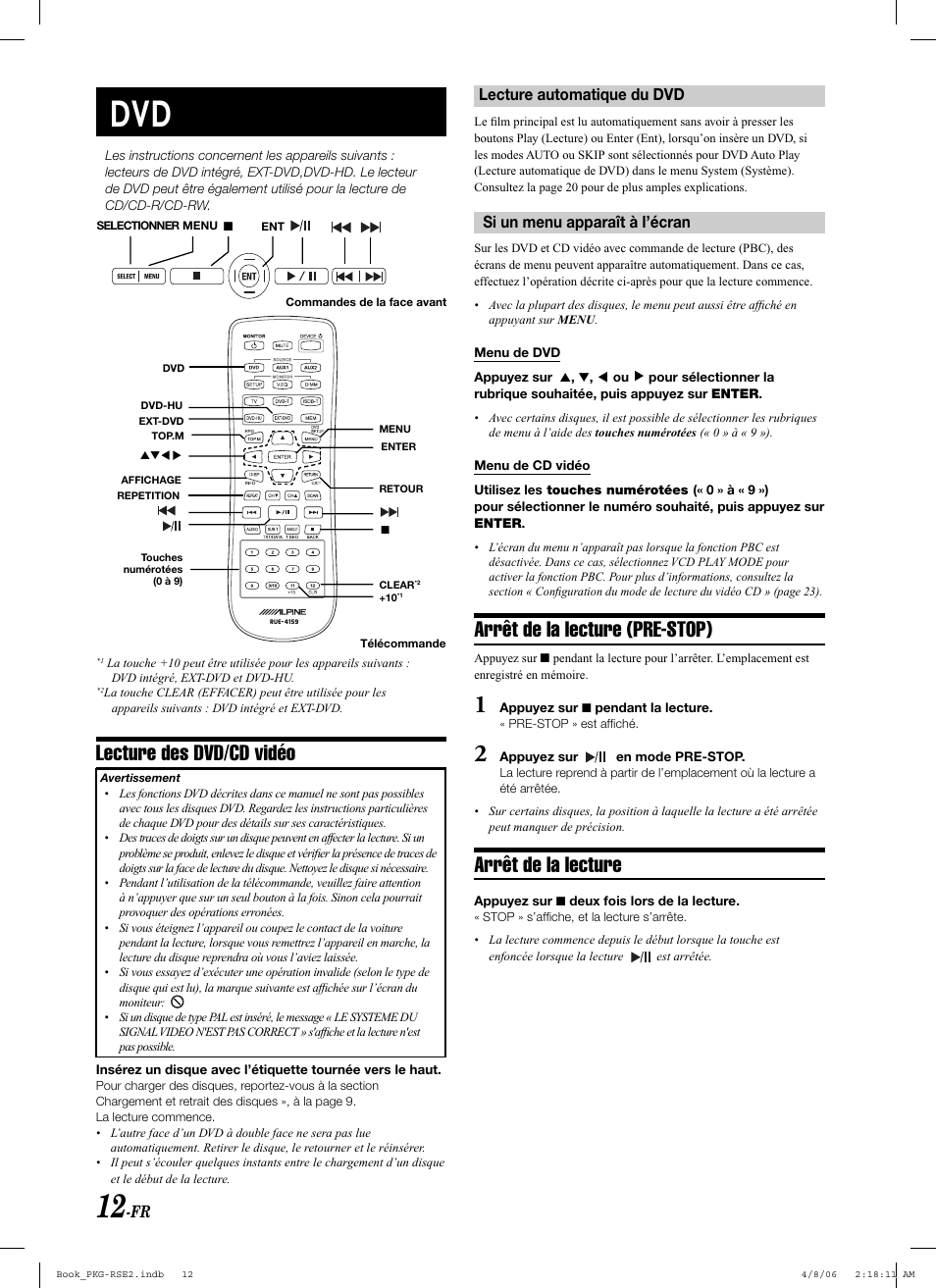 Lecture des dvd/cd vidéo, Arrêt de la lecture (pre-stop), Arrêt de la lecture | Alpine PKG-RSE2 User Manual | Page 48 / 108