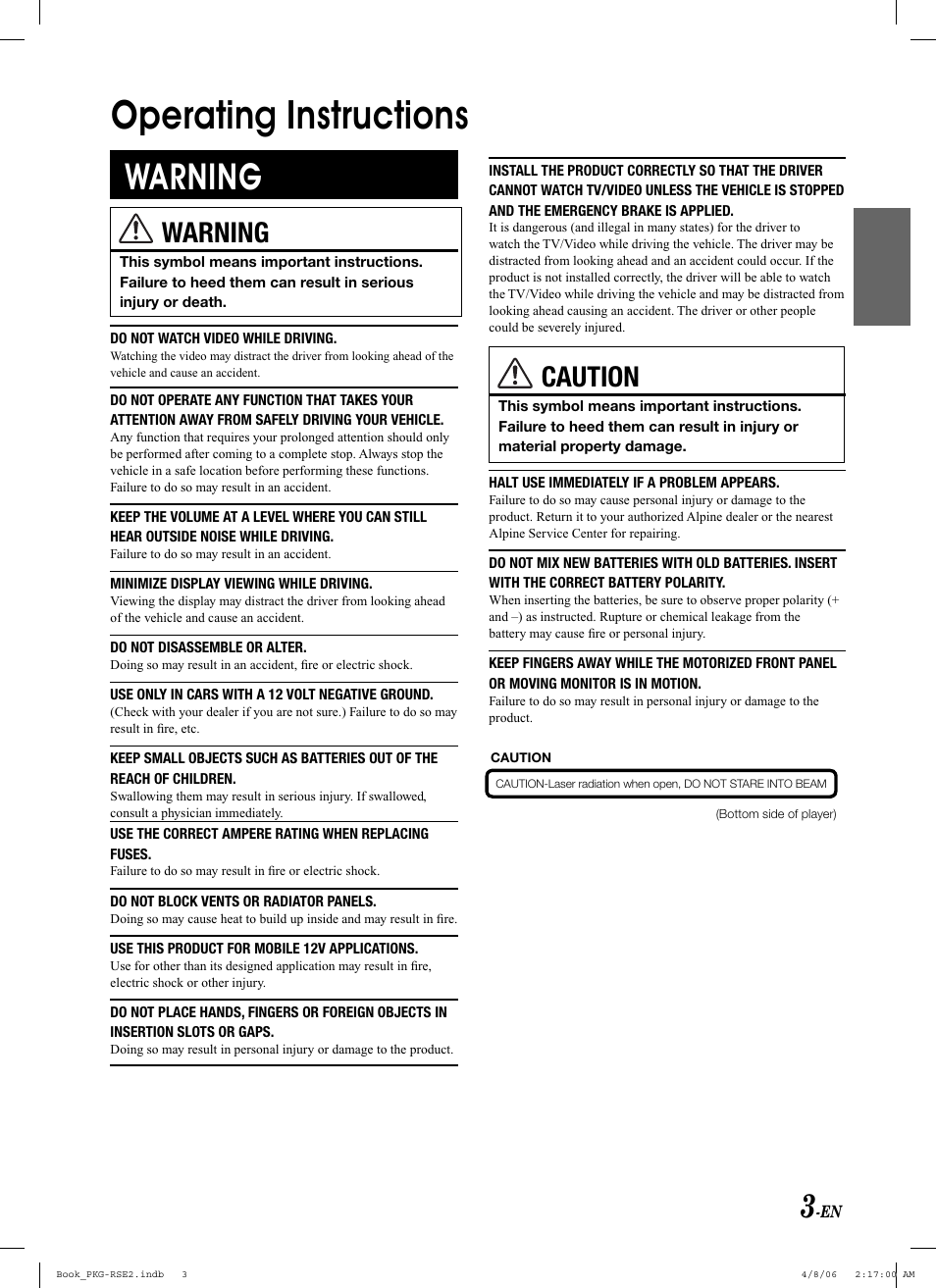 Operating instructions, Warning, Caution | Alpine PKG-RSE2 User Manual | Page 5 / 108