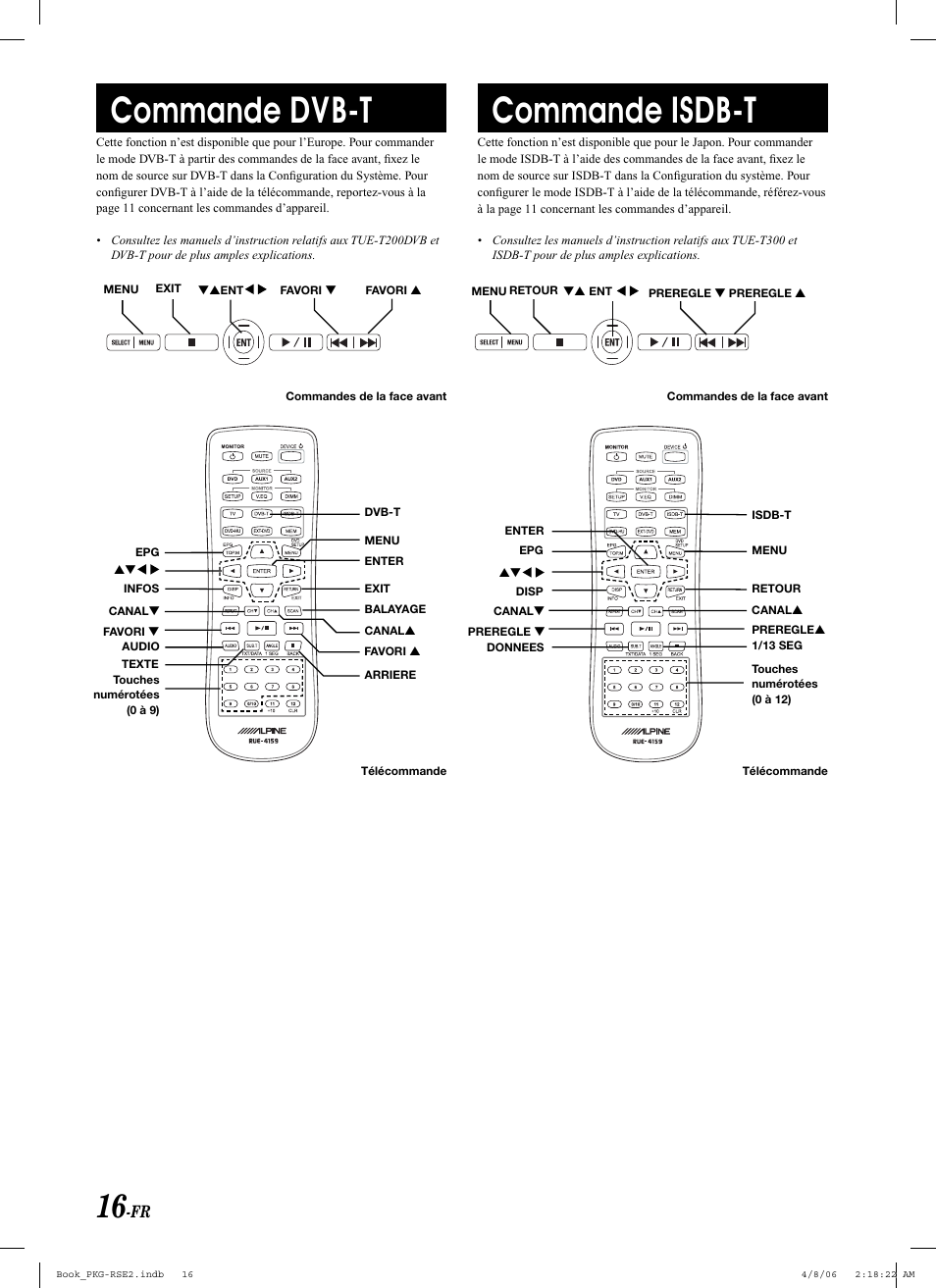 Commande dvb-t, Commande isdb-t | Alpine PKG-RSE2 User Manual | Page 52 / 108