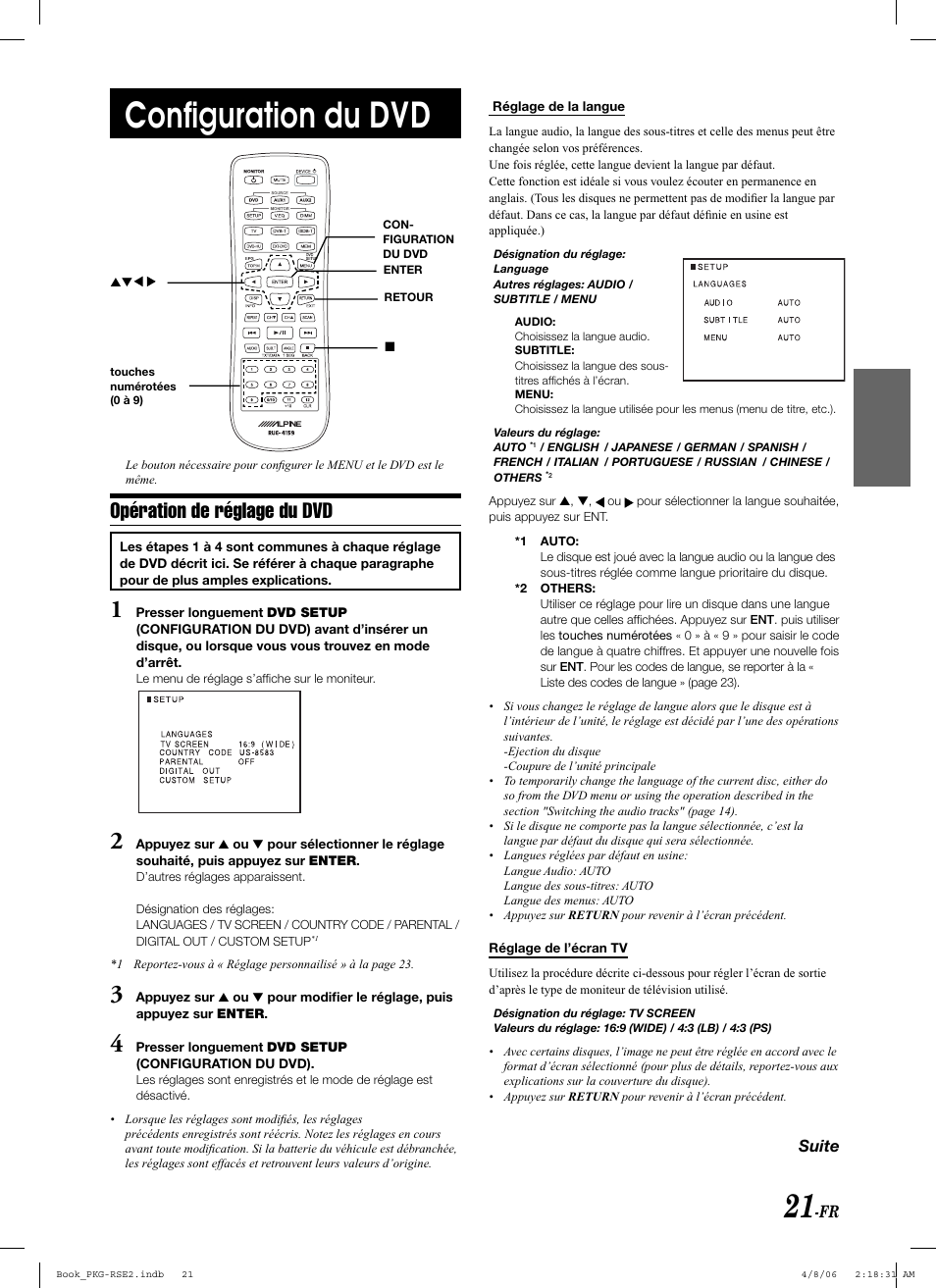 Confi guration du dvd, Opération de réglage du dvd, Suite | Alpine PKG-RSE2 User Manual | Page 57 / 108