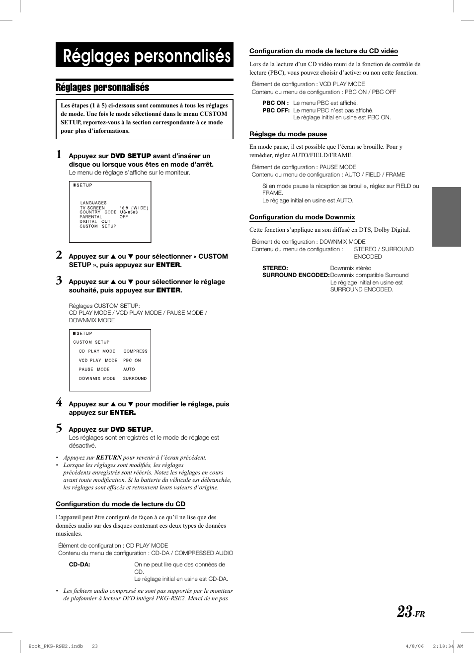 Réglages personnalisés | Alpine PKG-RSE2 User Manual | Page 59 / 108