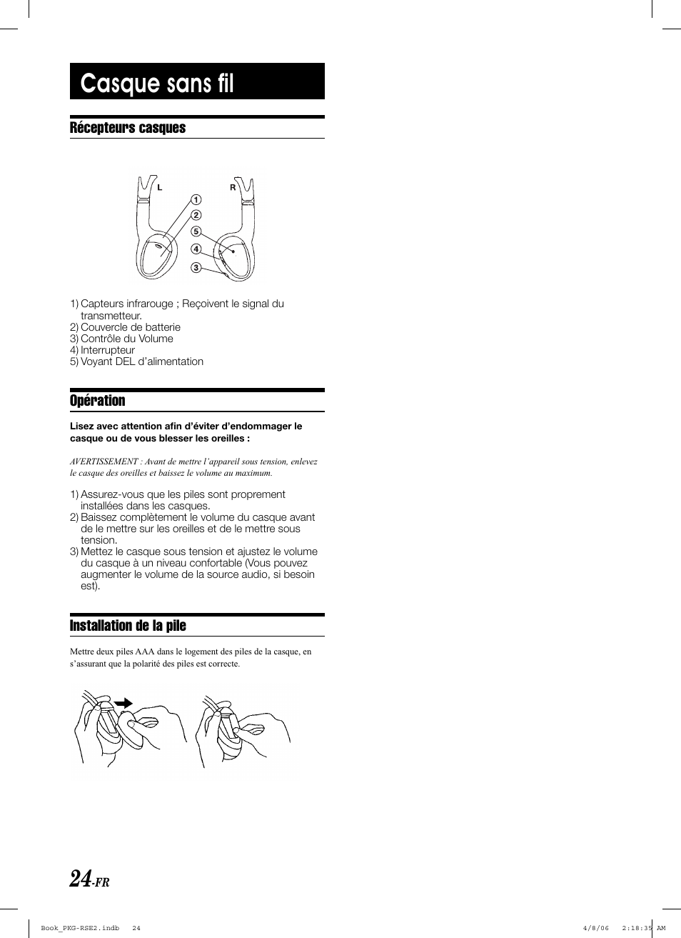 Casque sans fi l, Récepteurs casques, Opération | Installation de la pile | Alpine PKG-RSE2 User Manual | Page 60 / 108