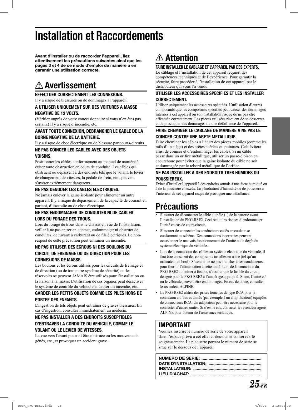 Installation et raccordements, Avertissement, Attention | Précautions, Important | Alpine PKG-RSE2 User Manual | Page 61 / 108