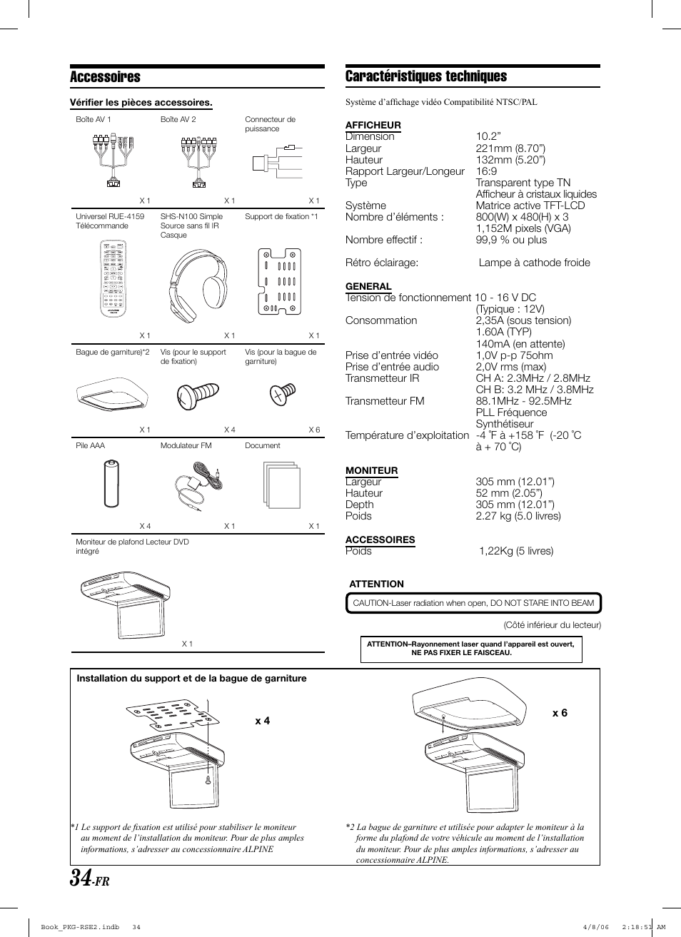 Accessoires, Caractéristiques techniques | Alpine PKG-RSE2 User Manual | Page 70 / 108