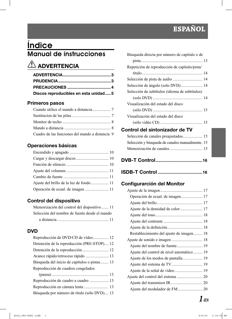 Índice, Español, Manual de instrucciones | Advertencia | Alpine PKG-RSE2 User Manual | Page 71 / 108