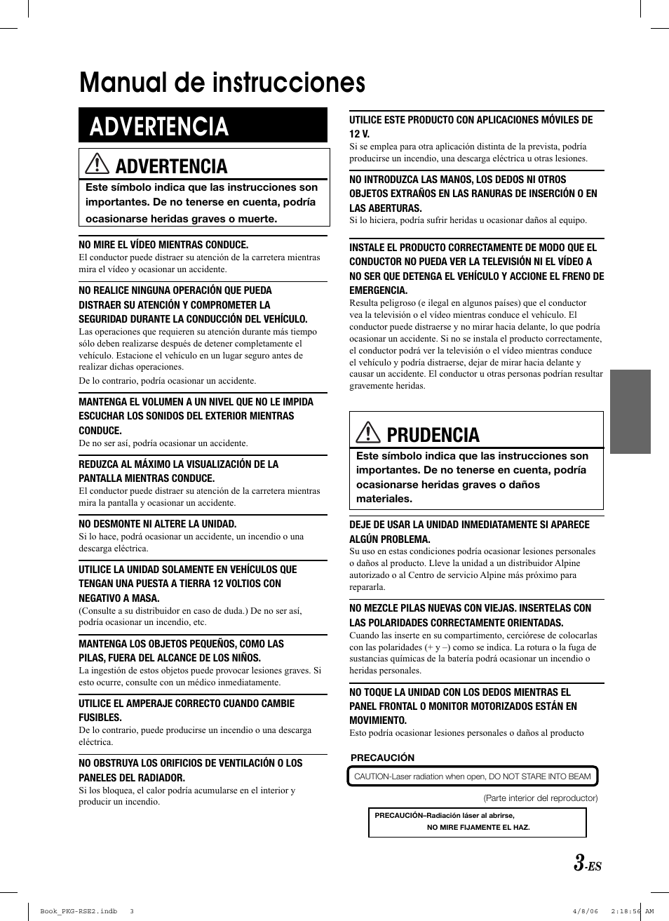 Manual de instrucciones, Advertencia, Prudencia | Alpine PKG-RSE2 User Manual | Page 73 / 108