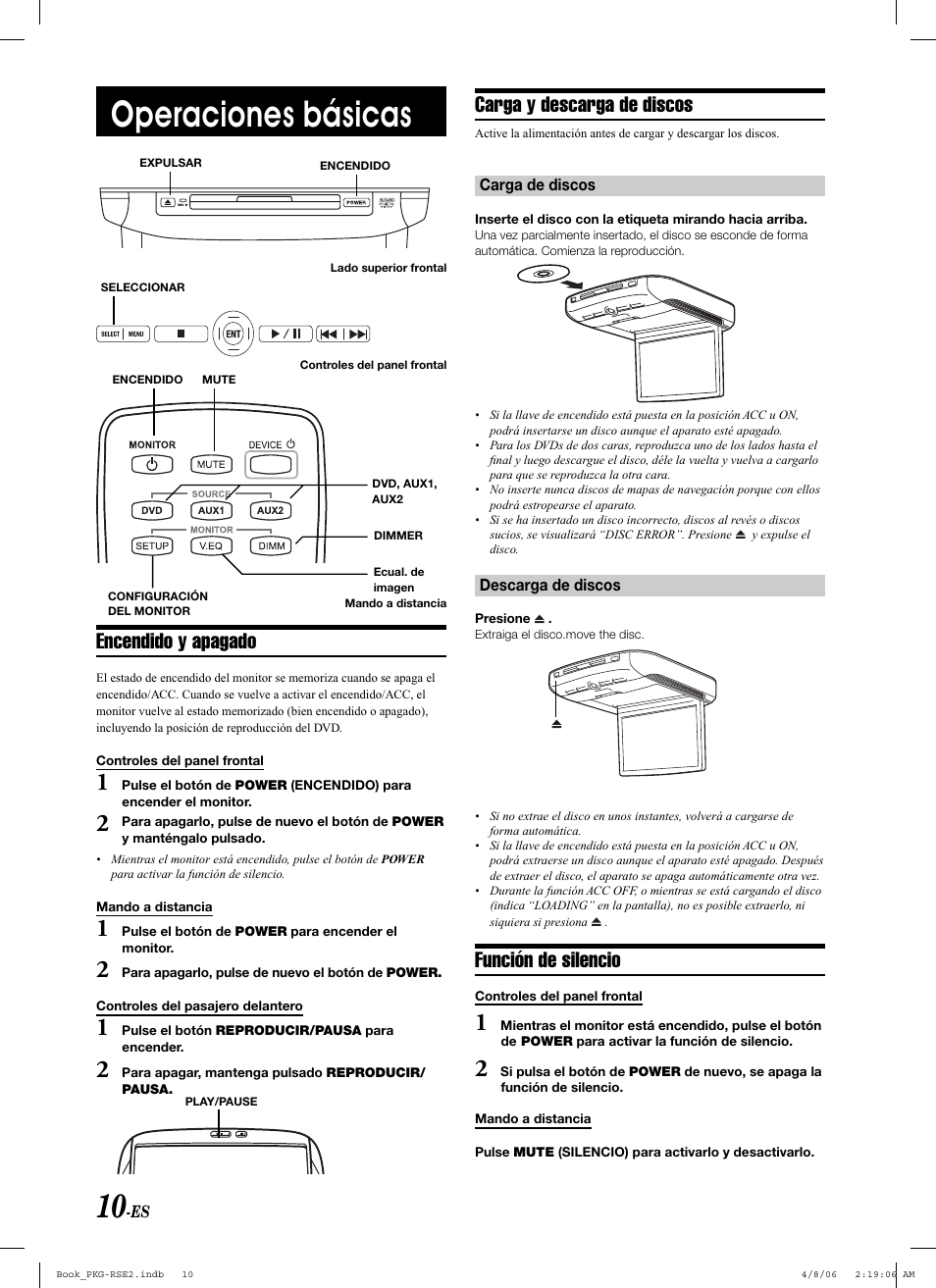 Operaciones básicas, Encendido y apagado, Carga y descarga de discos | Función de silencio | Alpine PKG-RSE2 User Manual | Page 80 / 108