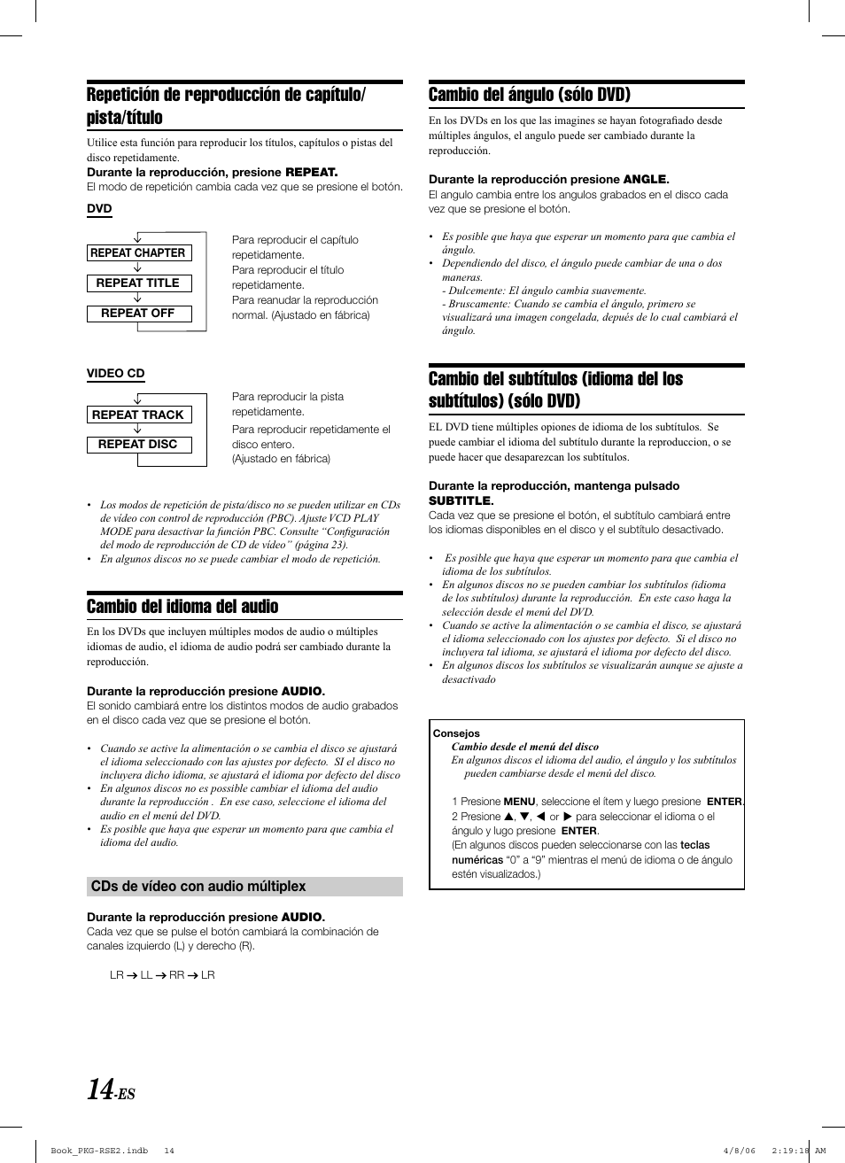 Cambio del idioma del audio, Cambio del ángulo (sólo dvd) | Alpine PKG-RSE2 User Manual | Page 84 / 108