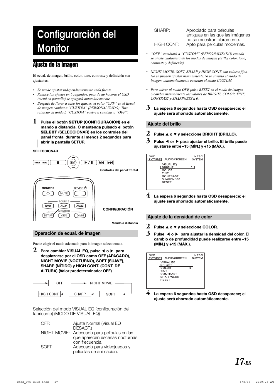 Confi gurarción del monitor, Ajuste de la imagen | Alpine PKG-RSE2 User Manual | Page 87 / 108