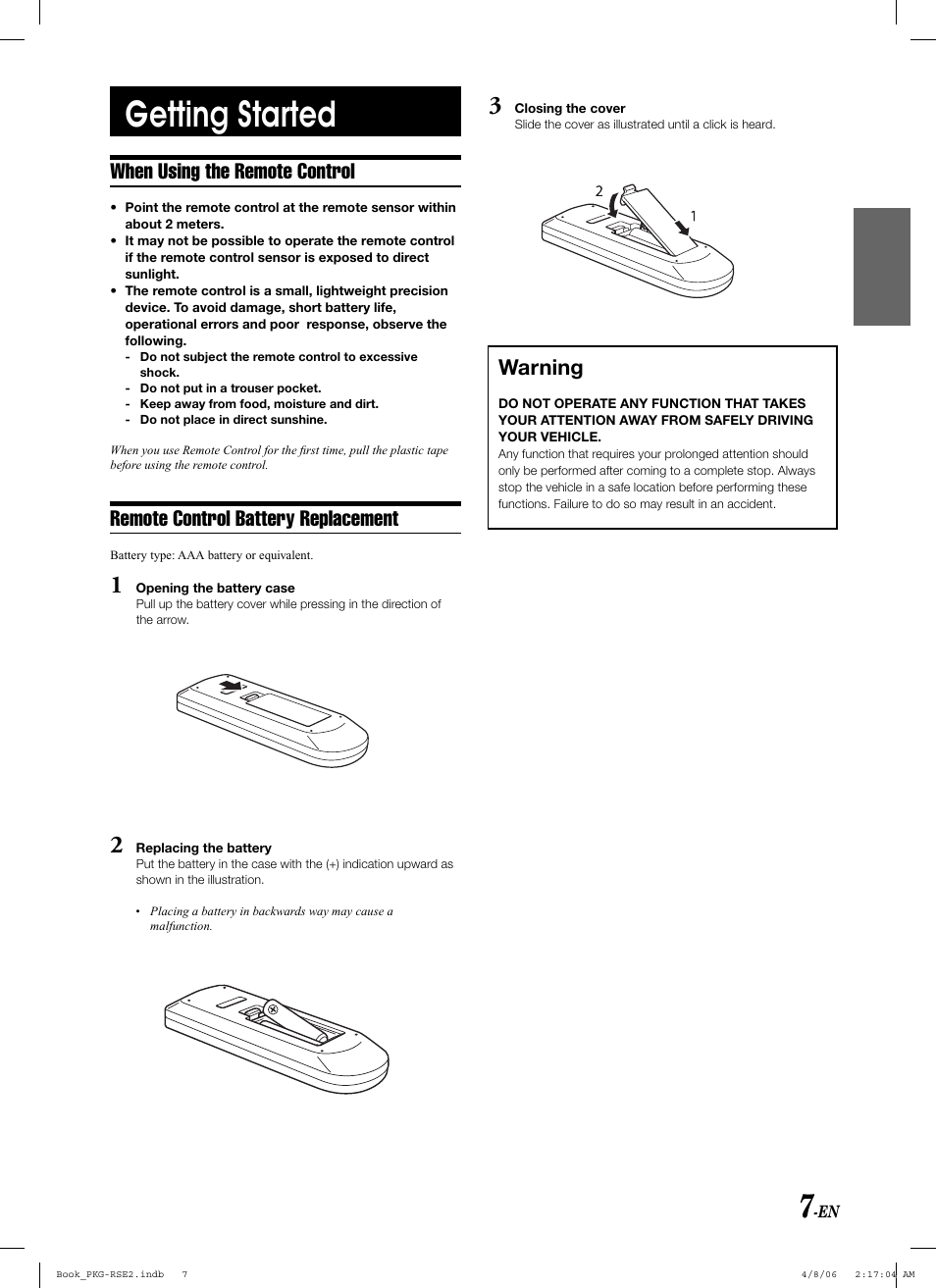 Getting started, When using the remote control, Remote control battery replacement | Warning | Alpine PKG-RSE2 User Manual | Page 9 / 108