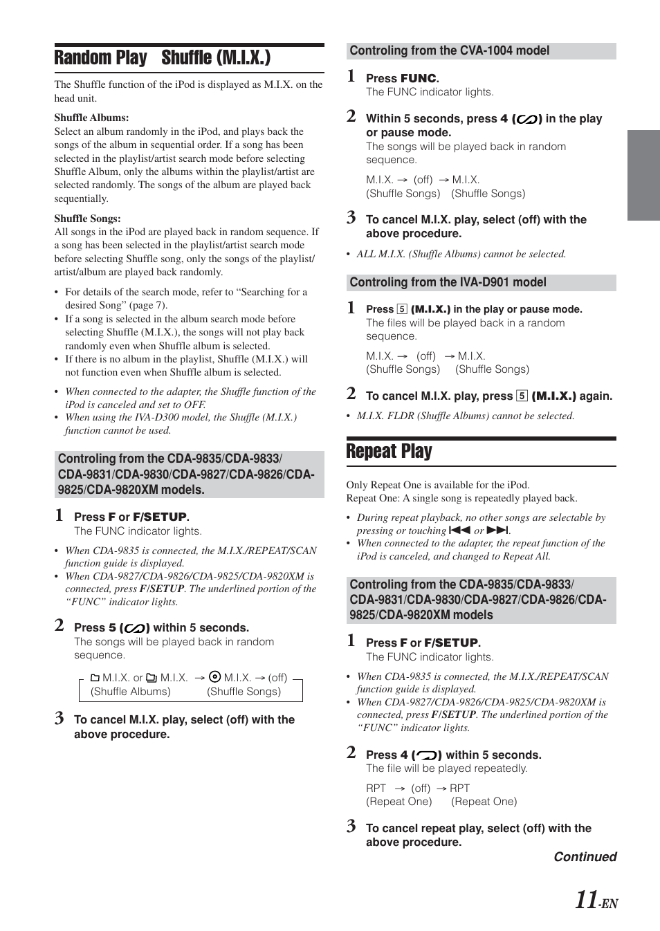 Random play shuffle (m.i.x.), Repeat play | Alpine KCA-420i User Manual | Page 12 / 44