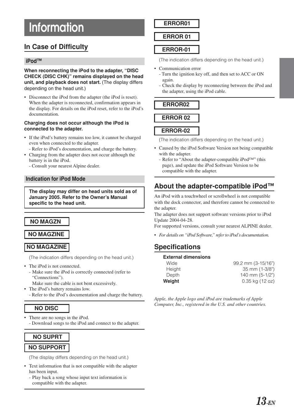 Information, About the adapter-compatible ipod, Specifications | Alpine KCA-420i User Manual | Page 14 / 44