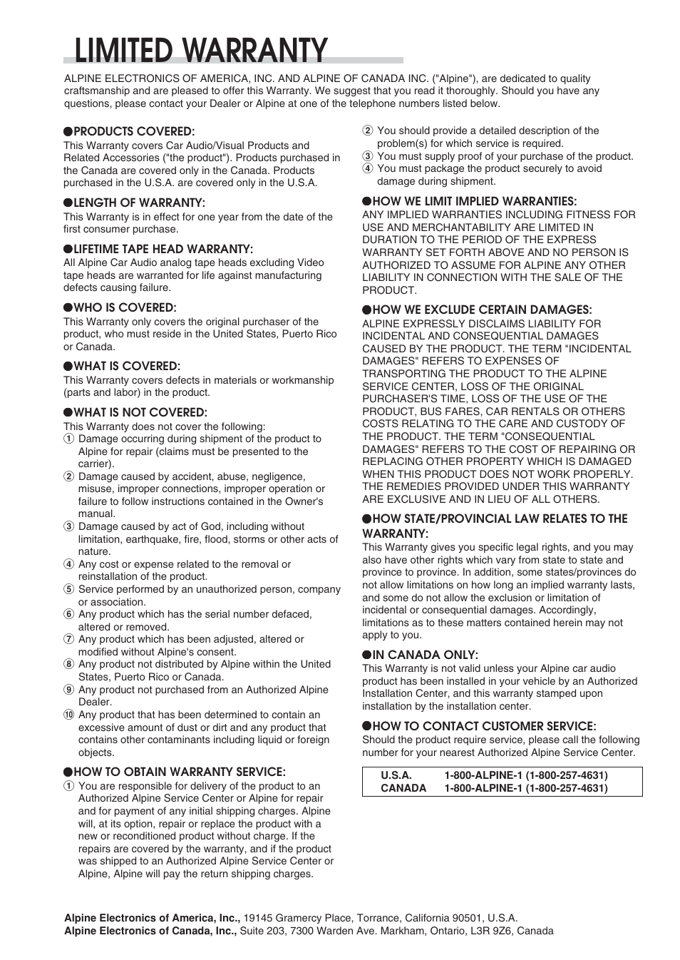 Limited warranty | Alpine KCA-420i User Manual | Page 15 / 44
