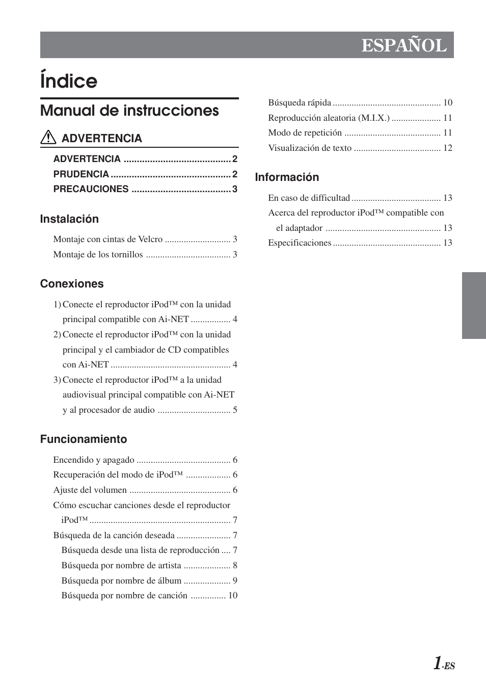 Índice, Español, Manual de instrucciones | Alpine KCA-420i User Manual | Page 16 / 44