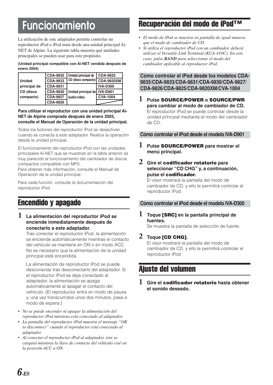 Funcionamiento, Encendido y apagado, Recuperación del modo de ipod | Ajuste del volumen | Alpine KCA-420i User Manual | Page 21 / 44