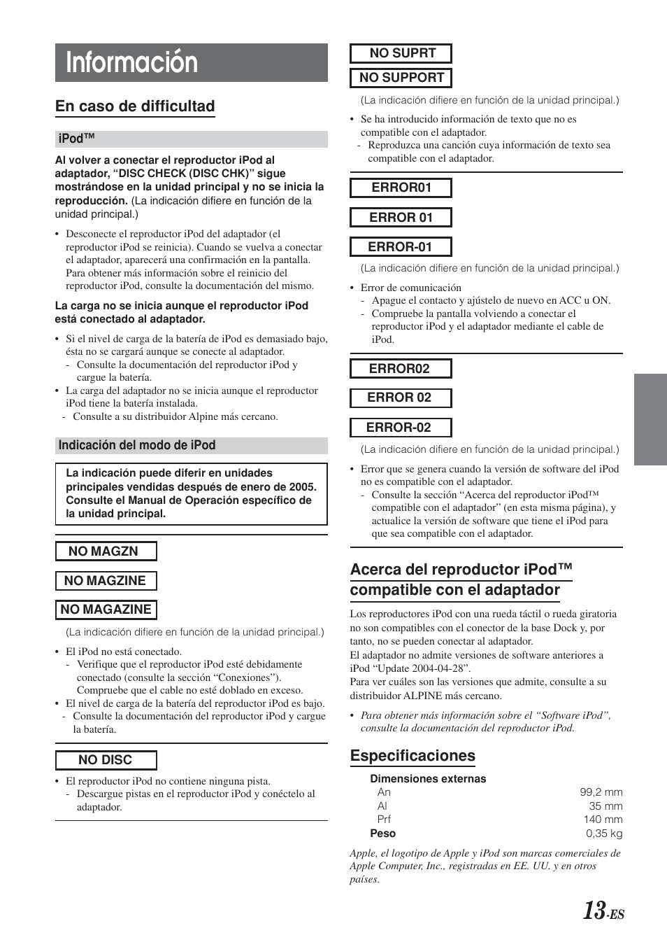Información, En caso de difficultad, Especificaciones | Alpine KCA-420i User Manual | Page 28 / 44