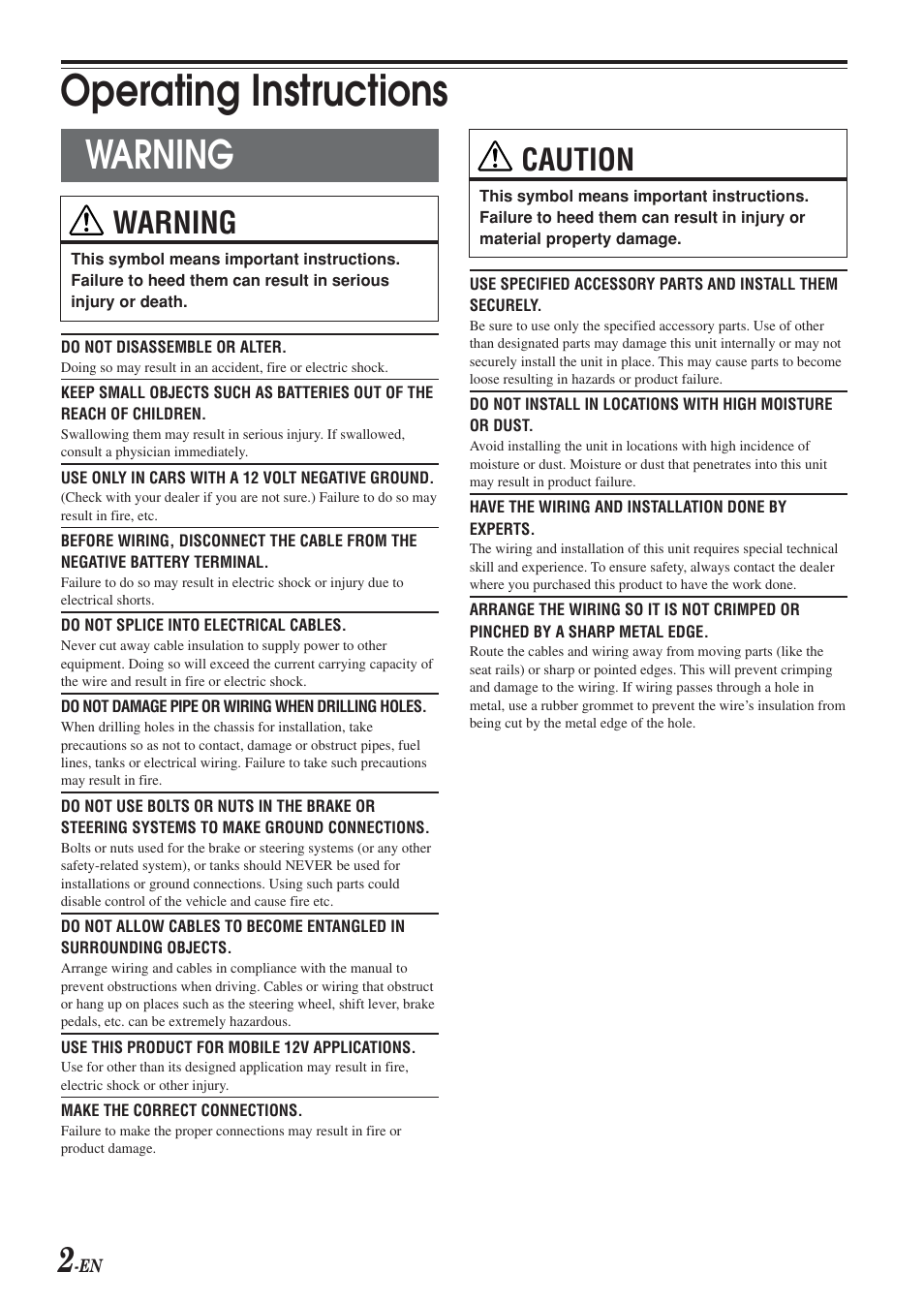 Operating instructions, Warning, Caution | Alpine KCA-420i User Manual | Page 3 / 44