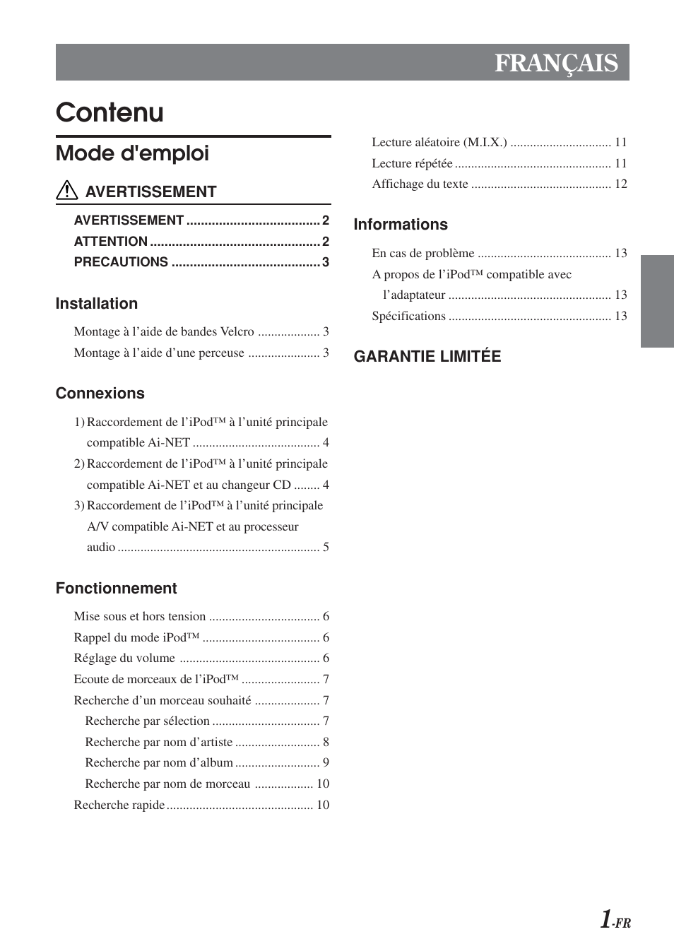 Contenu, Français, Mode d'emploi | Alpine KCA-420i User Manual | Page 31 / 44