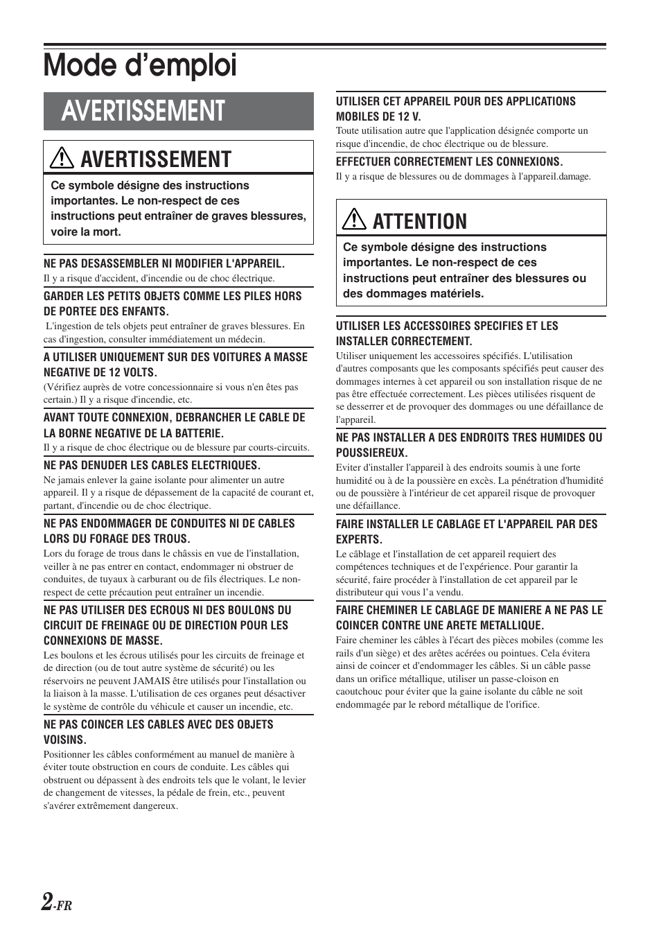 Mode d’emploi, Avertissement, Attention | Alpine KCA-420i User Manual | Page 32 / 44