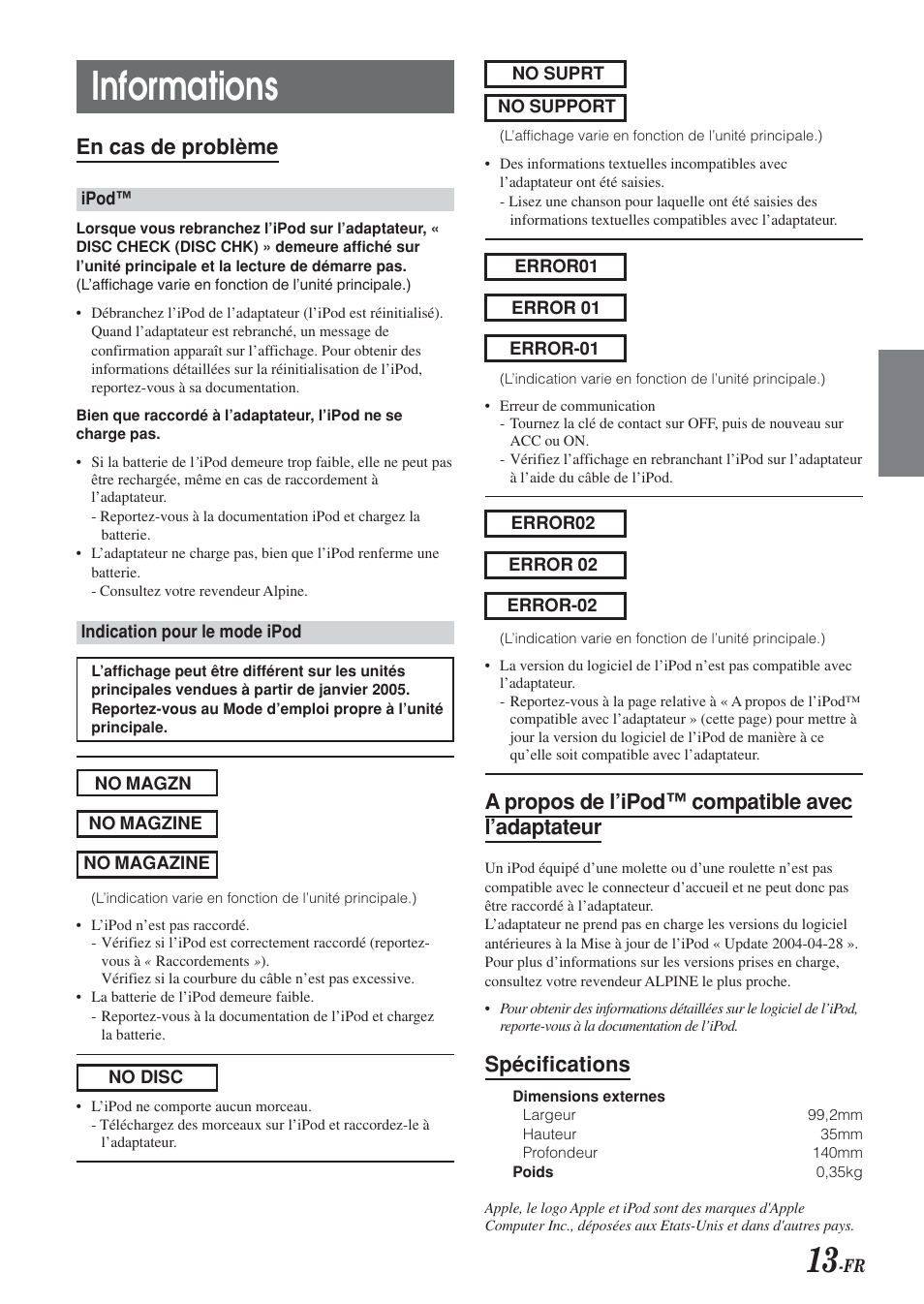 Informations, En cas de problème, A propos de l’ipod™ compatible avec l’adaptateur | Spécifications | Alpine KCA-420i User Manual | Page 43 / 44