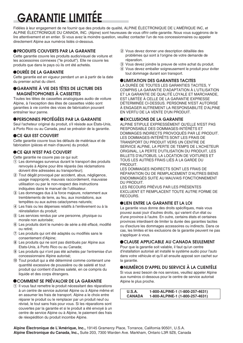 Garantie limitée | Alpine KCA-420i User Manual | Page 44 / 44