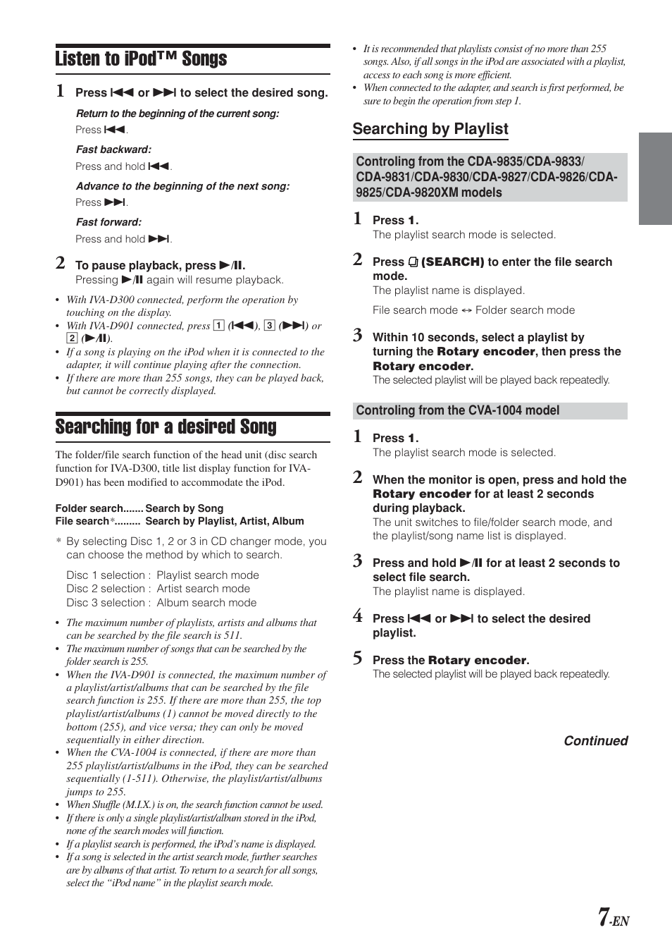 Listen to ipod™ songs, Searching for a desired song, Searching by playlist | Alpine KCA-420i User Manual | Page 8 / 44