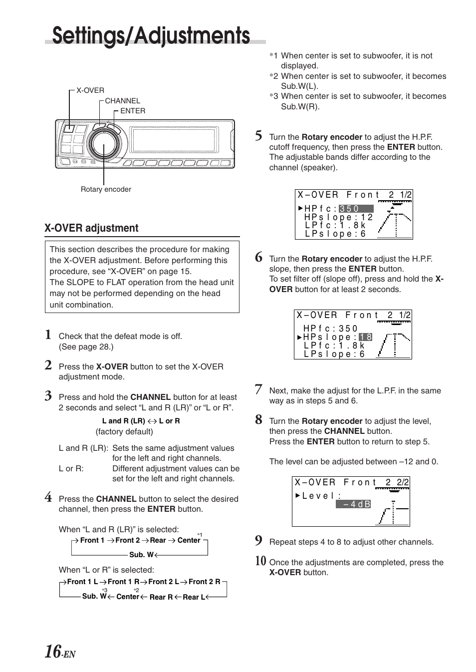 Settings/adjustments, X-over adjustment | Alpine MULTIMEDIA MANAGER PXA-H701 User Manual | Page 18 / 48