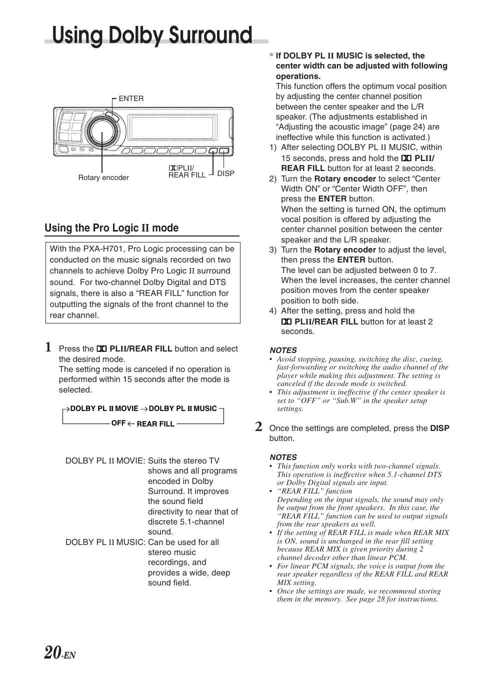 Using dolby surround, Using the pro logic ii mode | Alpine MULTIMEDIA MANAGER PXA-H701 User Manual | Page 22 / 48