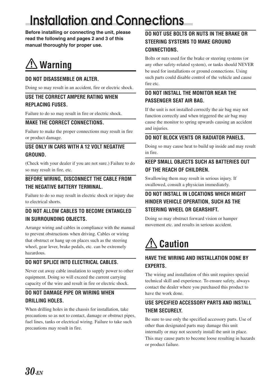 Installation and connections, Warning, Caution | Alpine MULTIMEDIA MANAGER PXA-H701 User Manual | Page 32 / 48