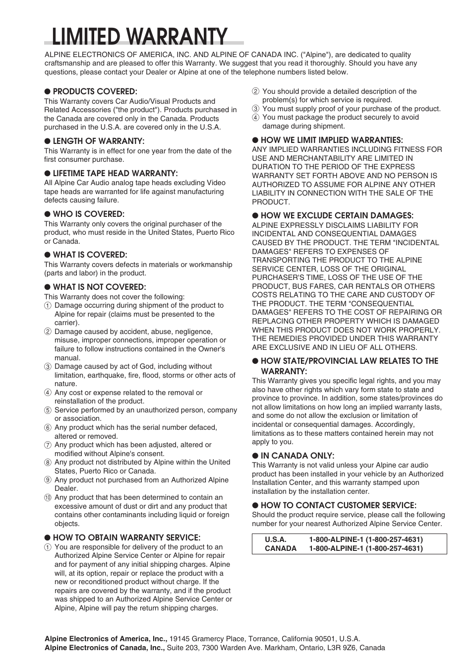 Limited warranty | Alpine MULTIMEDIA MANAGER PXA-H701 User Manual | Page 48 / 48