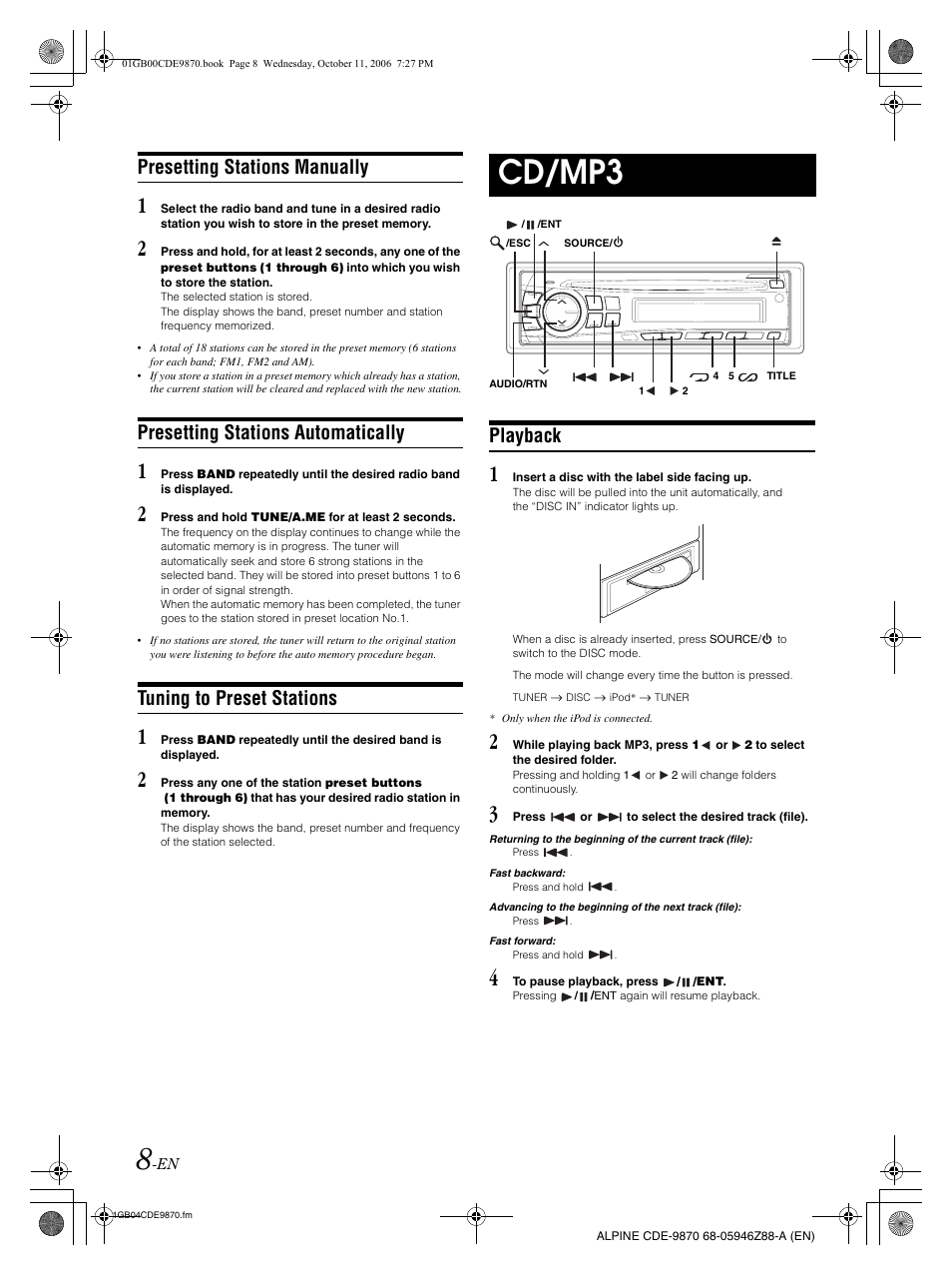 Cd/mp3, Presetting stations manually, Presetting stations automatically | Tuning to preset stations, Playback | Alpine CDE-9870 User Manual | Page 10 / 84