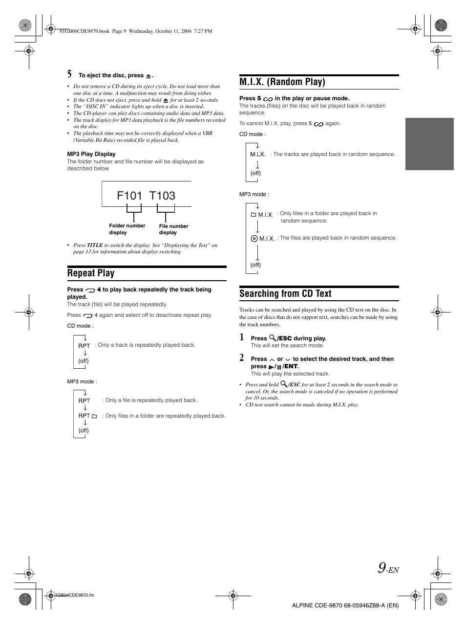 Repeat play, M.i.x. (random play), Searching from cd text | Alpine CDE-9870 User Manual | Page 11 / 84